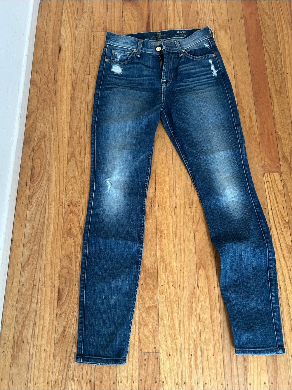 7 For All Mankind the ankle skinny Distressed Dark Blue Skinny Jeans